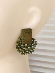 1 Pair Handmade Minimalist Wooden Beaded & Carved Geometric Earrings, Moss Green, Suitable For Vacation, Party And Daily Wear - Moss Green - View 6