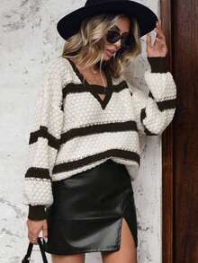 Women's Striped Pullover Sweater Cut Out V-Neck Crochet Knit Sweater Oversized Color Block Bell Sleeve Ribbed Top - Black - View 2