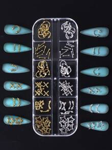 金银朋克Y2K美甲饰品合金装饰12格金属星十字尖锥穿孔金属美甲配件DIY沙龙美甲用品 - 彩色 - 查看 7