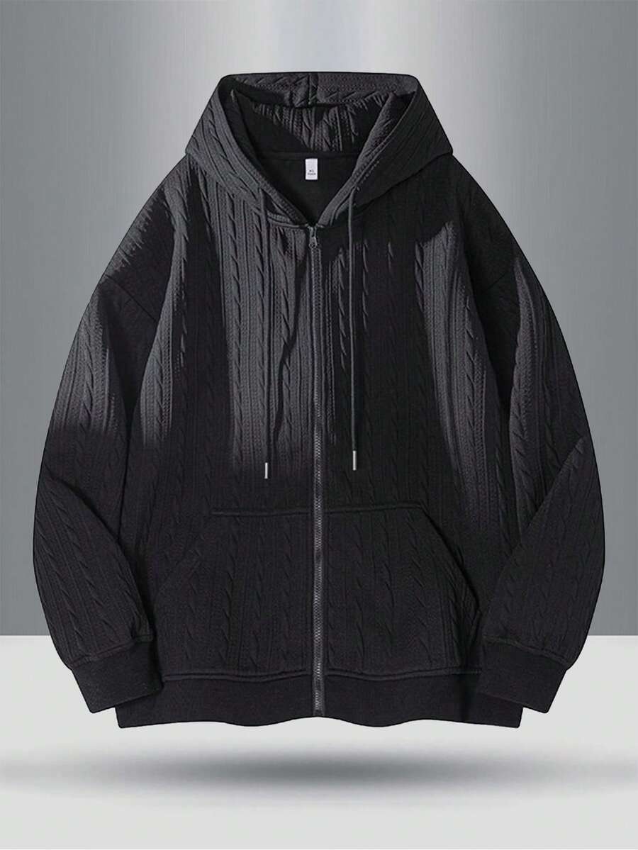 Plus Size Men Spring Casual Fashionable Loose Fit Hooded Sweatshirt With Side Pockets And Elastic Cuffs & Hem, Soft & Comfortable, Fall, Long Sleeve Top - Black - View 1