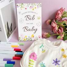 D33Pcs Baby Shower Games Bib Decorations Set With 20 White Bibs 12 Color Fabric Markers And 1 Wooden Wildflower Game Sign DIY Baby Shower Activity Kit For Gender Reveal Party Decor Plies10 - 如圖 - 查看 4