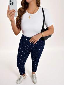 Pantalones casuales con estampado de lunares, bolsillos y aberturas laterales para mujer talla grande. Ideales para vacaciones, Año Nuevo, Día de San Valentín, negocios casuales, oficina, primavera y verano - Azul - Ver 5