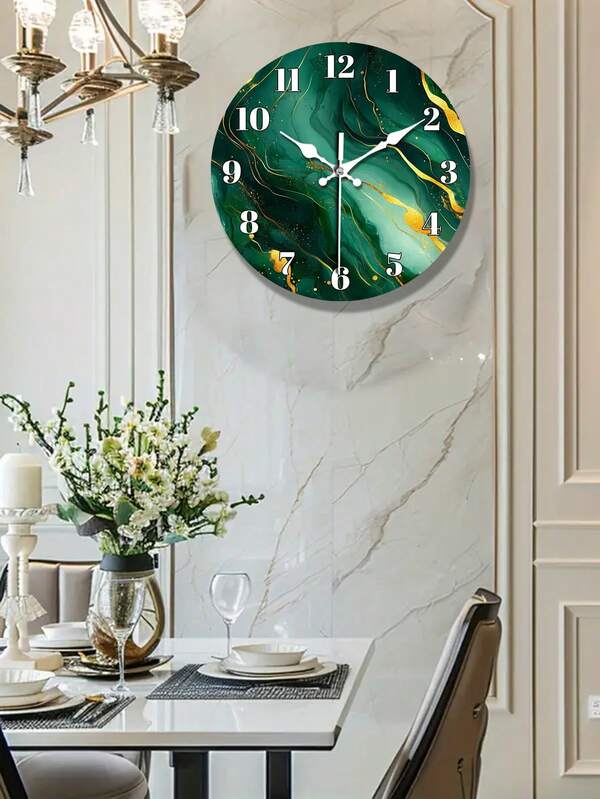 Emerald Green Marble Texture Design Wooden Wall Clock, Abstract Art Style Silent Clock, Suitable For Living Room, Bedroom, Kitchen, Office Decoration, Modern Home Art Decoration, Ideal Christmas, New Year Gift, Birthday Gift, 10-12 Inches Optional