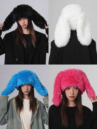 1顶女士甜美可爱兔耳毛绒保暖帽，加厚绒毛护耳冬季帽，适合户外散步、购物、日常佩戴（帽码偏小）