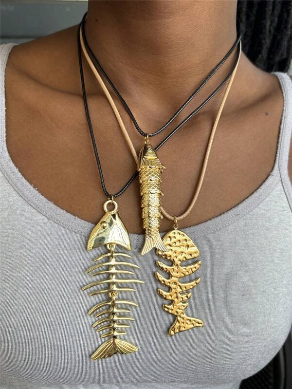Summer Ocean Fish Bone Rope Necklace, Stainless Steel Pendant Necklace