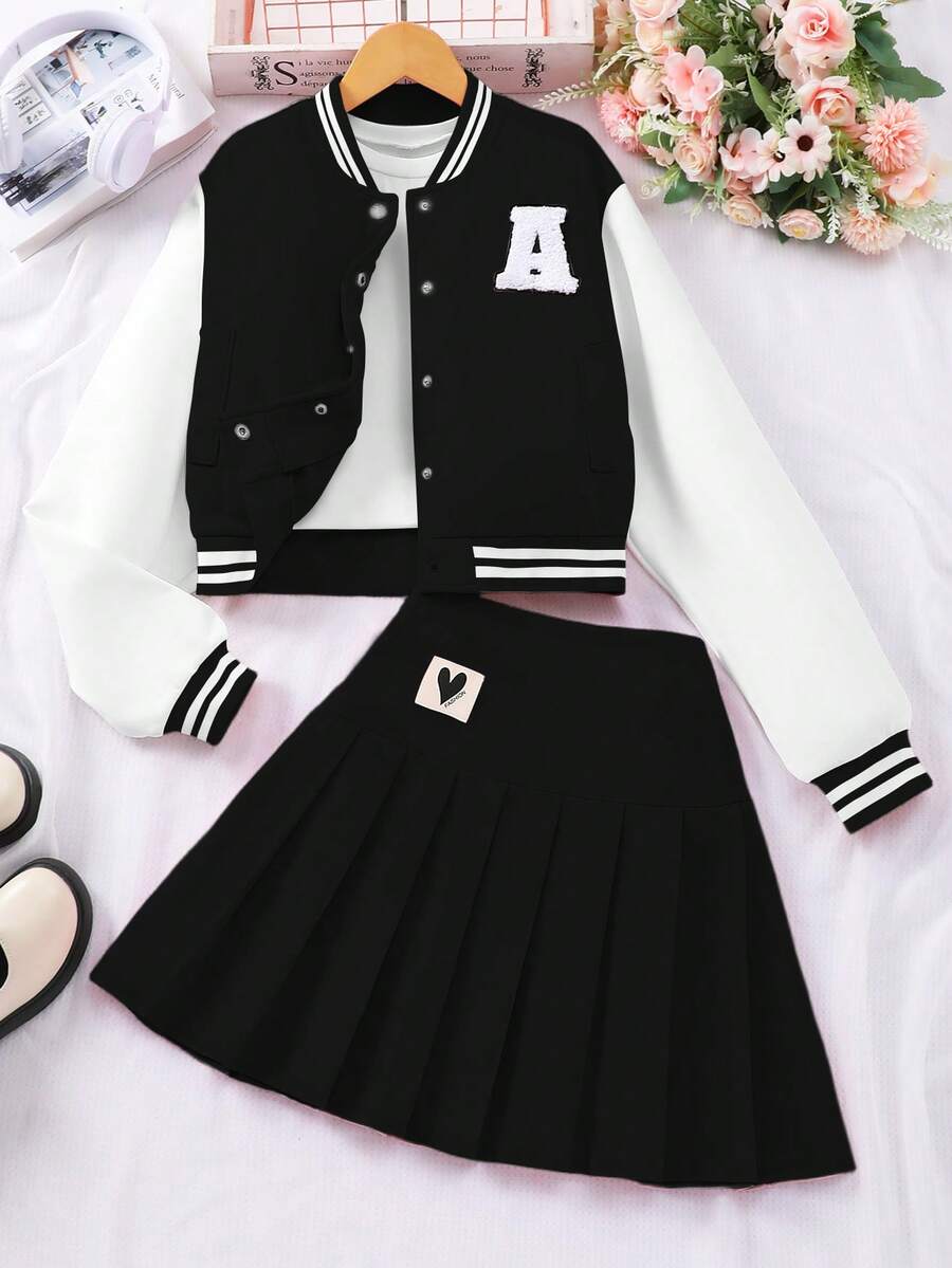 2pcs/Set Tween Girl Baseball Jacket And Pleated Skirt Suit, Fashionable School Style - Black - View 1