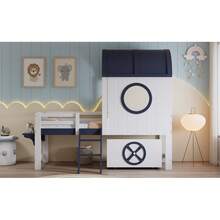Litera, cama semialta, cama infantil con techo y ventana, cajón inferior con ruedas, práctica escalera de dos niveles, pino + MDF + aglomerado, blanco + azul oscuro, 90x200cm