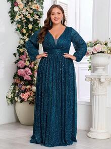 Vestido formal de fiesta con cuello en V, manga farol y brillo para tallas grandes