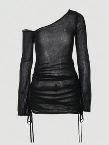 Women Solid Color Asymmetric Neck Long Sleeve Drawstring Dress, Suitable For Summer - màu đen - Xem 1