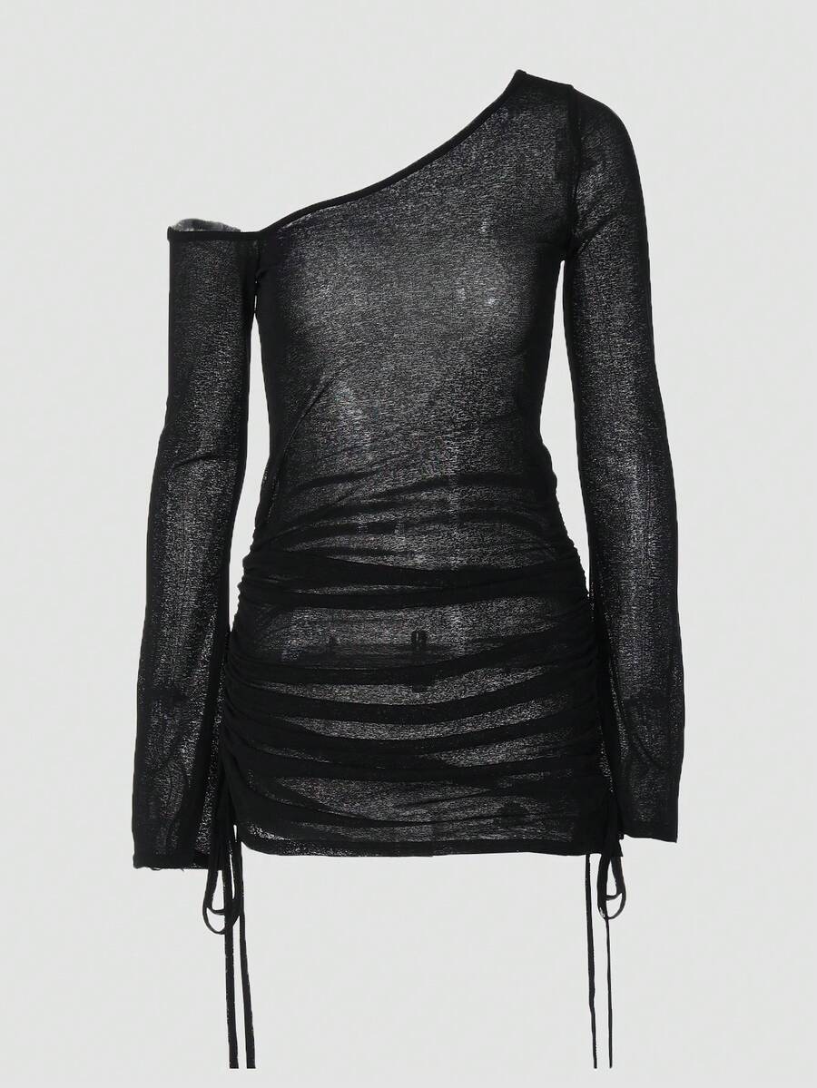 Women Solid Color Asymmetric Neck Long Sleeve Drawstring Dress, Suitable For Summer - màu đen - Xem 1