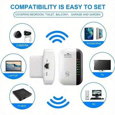 Bộ mở rộng và khuếch đại phạm vi WiFi 300Mbps - Tăng cường vùng phủ sóng mạng, có cổng Ethernet, dễ dàng thiết lập, tương thích với Alexa, bộ tăng cường tín hiệu mạng | Bộ lặp không dây hiện đại | Bộ tăng cường tín hiệu WiFi gia đình, màu đen trắng