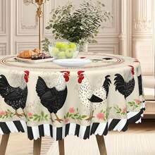 Față de masă vintage cu cocoș, stil rustic, rotundă/dreptunghiulară, imprimeu cu cocoș și flori, potrivită pentru bucătărie, sufragerie, terasă, picnic, curte, utilizare în interior/exterior, cadou pentru familie și prieteni, dimensiuni multiple, 2 opțiuni de design