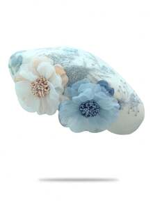 1 pieza Boina elegante de lana para mujer con aplicaciones florales, otoño/invierno