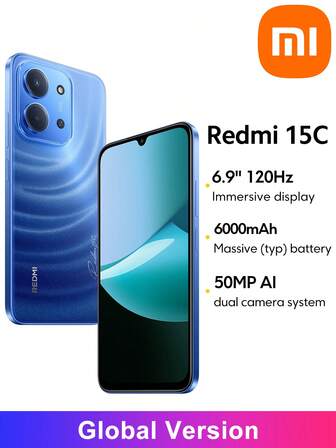  Redmi 15C Smartphone Global Version 6000mAh (Typ) Battery 6.9" Dot Drop Display 120Hz Refresh Rate 50MP Main Camera 33W Fast Charging AI Face Unlock Xiaomi HyperOS 2 IP64 Splash, Water And Dust Resistant *NO NFC Version,Christmas Gifts For Children And Parents