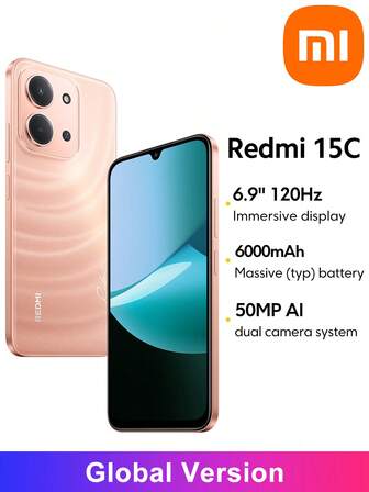  Redmi 15C Smartphone Global Version 6000mAh (Typ) Batteri 6,9" Dot Drop-skärm 120Hz uppdateringsfrekvens 50MP Huvudkamera 33W Snabbladdning AI Ansiktslåsning Xiaomi HyperOS 2 IP64 Stänk-, vatten- och dammtålig *INGEN NFC-version, Julklappar till barn och föräldrar