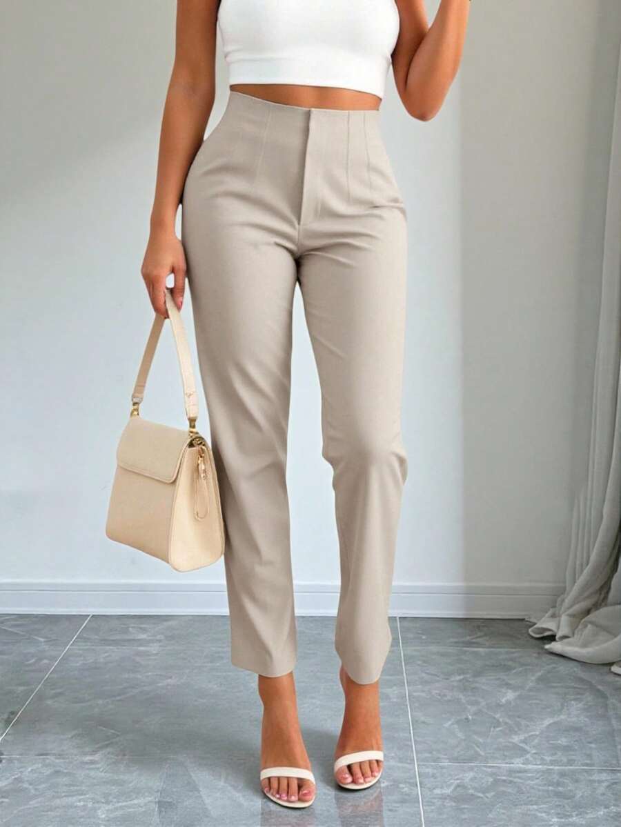 1Pcs Casual Trousers With Draping Effect, Slim - Fitting, For Commuting And Professional Use, Simple And Capable Style, Straight - Leg Cut, Suitable For Office Daily And Business Office Scenarios, Women's Trousers For Spring And Autumn - 杏色 - 查看 1