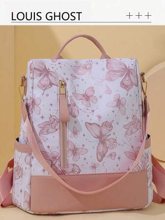 New Chinese-Style Butterfly Printed Sweet Backpack For Women, National Fashion , Stylish College Students' Backpack, Simple Outdoor Anti-Theft Waterproof Travel Vacation Commuting Office Multi-Purpose Multi-Functional Bag., Perfectly Matching With Backpack Accessories, Back To School Essentials, Bag For School College, Preppy Backpack For School