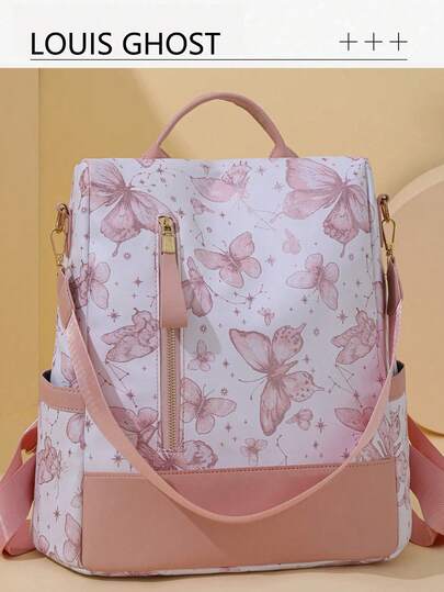New Chinese-Style Butterfly Printed Sweet Backpack For Women, National Fashion , Stylish College Students' Backpack, Simple Outdoor Anti-Theft Waterproof Travel Vacation Commuting Office Multi-Purpose Multi-Functional Bag., Perfectly Matching With Backpack Accessories, Back To School Essentials, Bag For School College, Preppy Backpack For School
