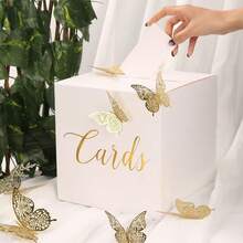 1pc White Card Box With Gold Foil Design, Wedding Gift Card Box, Suitable For Wedding Reception, Baby Christening, Anniversary, Birthday Party, Graduation Ceremony Tabletop Decor (Includes 10 Greeting Cards)