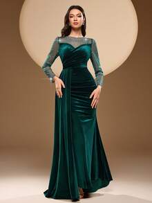 Elisanya Women's Solid Color Round Neck Mesh & Velvet Patchwork, Heavy Rhinestone Decor, Ribbon Tie Elegant Maxi Long Sleeve Dress, Suitable For Parties, Banquets, Galas - Dark Green - View 3