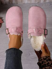 女式带扣设计保暖内衬休闲一脚蹬穆勒鞋 - 淺粉色 - 查看 2
