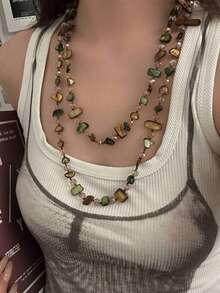 1pc Vintage Necklace, Bohemian Style Colorful Shell Beaded Double Layer Necklace, Retro Luxurious Holiday Long Necklace, Stackable, Assorted Gemstone And Pearl Colors And Shapes - Multicolor - View 2