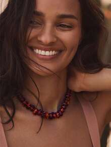 1pc Fashionable Minimalist Luxury Niche Design Amber Color Acrylic Beaded Choker Necklace, Suitable For Daily, Date, Vacation, Commute Wear