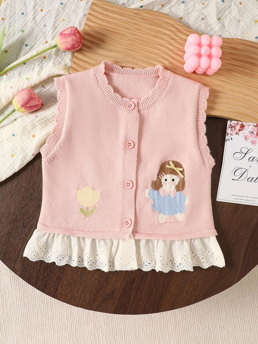 WUHUANG YIYI Baby GirlCute Floral Pattern Lace Trim Knit Cardigan With 3D Bow Decor, Suitable For Autumn/Winter