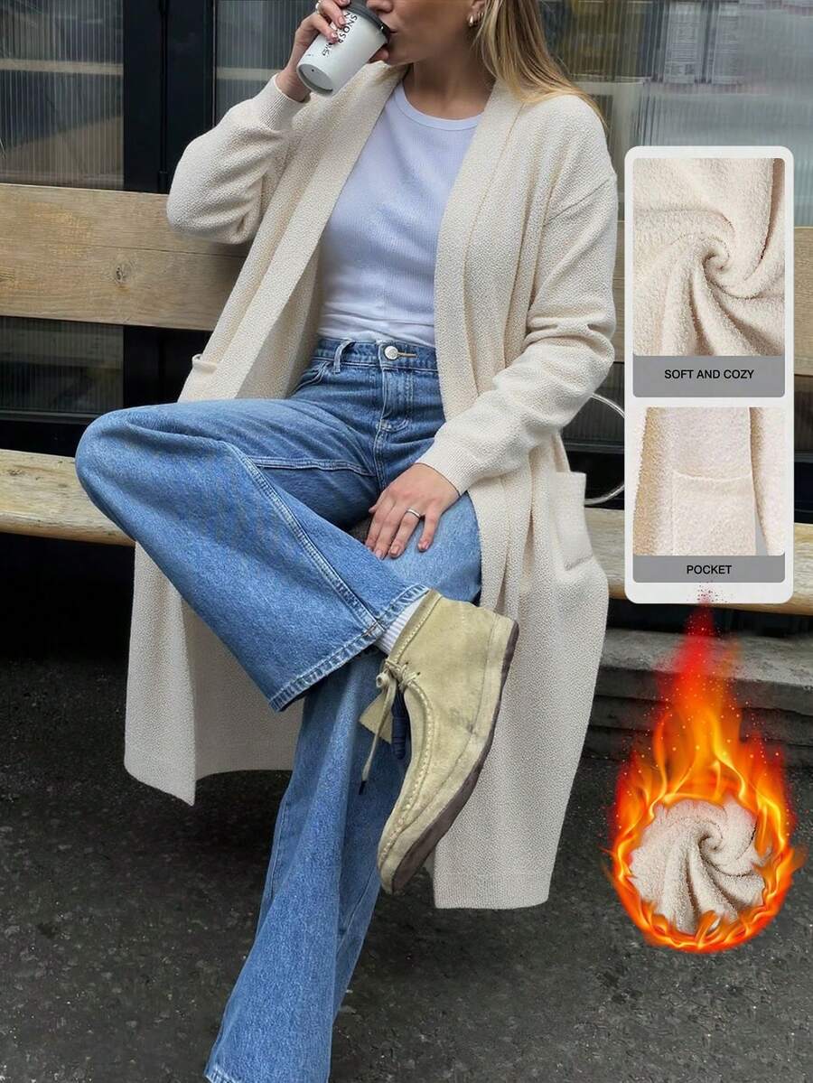 1 pieza Cárdigan de punto de unicolor para mujer con un bolsillo, manga larga, adecuado para citas por la noche, vacaciones, uso diario, fiestas de cumpleaños, viajes, té, aeropuerto, regreso a clases, otoño/invierno