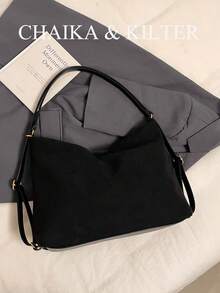 1 Túi đeo vai vải da lộn màu trơn CHAIKA & KILTER, Túi đeo chéo nữ cổ điển, dung tích lớn, có lỗ xỏ dây, dây đeo có thể điều chỉnh để đeo vai hoặc đeo chéo, khóa kéo, thích hợp cho việc mua sắm và đi làm hàng ngày - màu đen - Xem 10