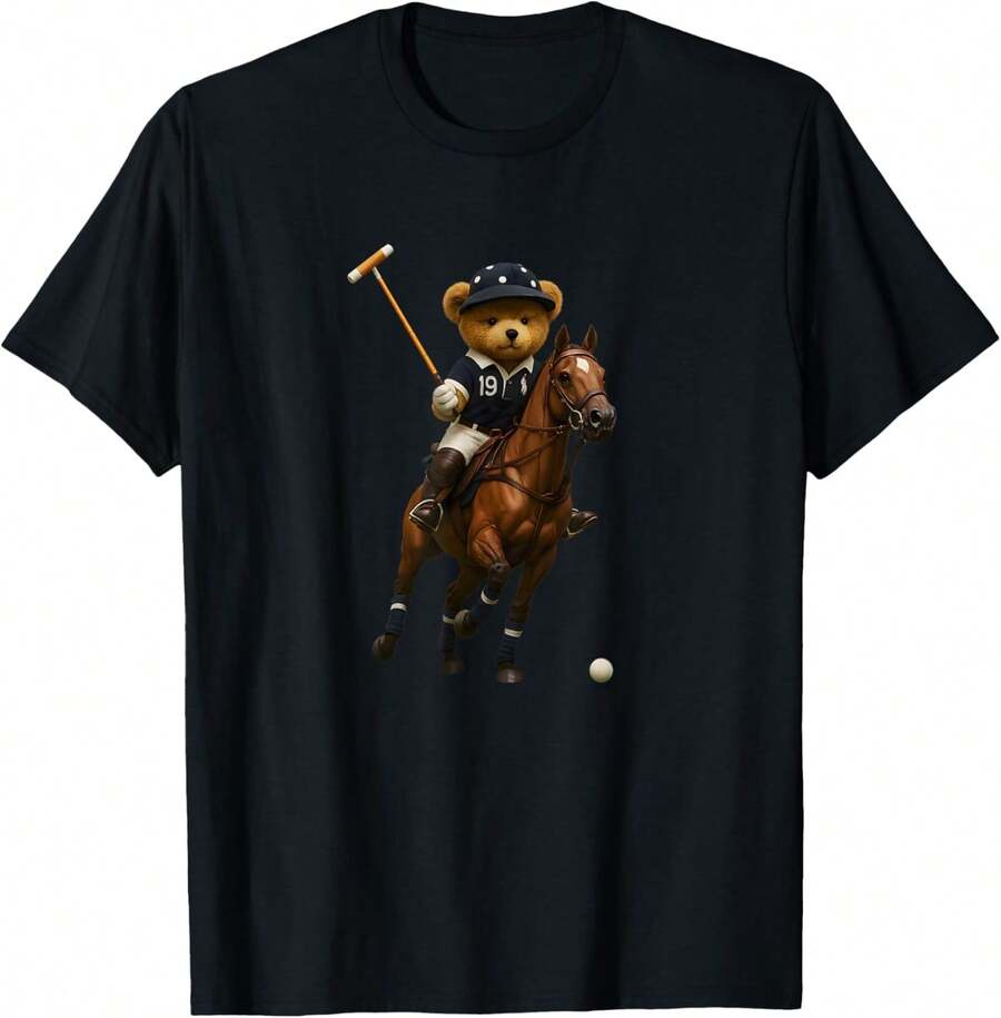 Cool Teddy Bear Playing Horse Polo Game Illustration Graphic T-Shirt - 黑色 - 查看 1