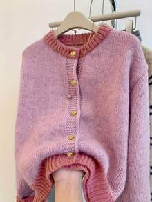 ii Áo khoác cardigan nữ kiểu dáng thường ngày phối màu, màu hồng thu đông. - Hồng - Xem 3