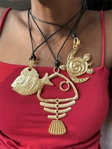 1 Piece Matte Gold Large Boho Fish Tortoise Charm Pendant Chain Statement Necklace