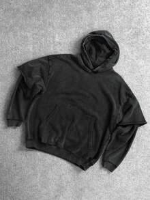 男士复古水洗休闲时尚二合一连帽衫，街头风格，年轻街头服饰，冬季 - 黑色 - 查看 3