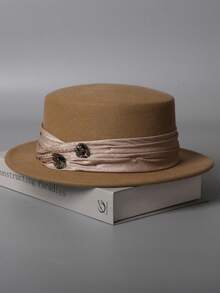 1 peça chapéu de feltro de lã com estampa floral francesa, cetim com strass, acabamento na cintura, chapéu de feltro de lã 100% feito à mão, aba larga, moderno e versátil, lançamento de 2025