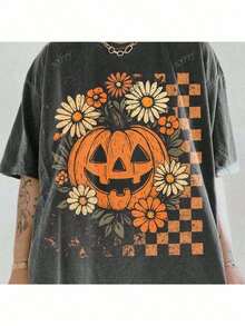 Halloween Pumpkin Devil Vintage T-Shirt, Oversized Loose Fit Round Neck Short Sleeve Tee, Nightmare Before Christmas Themed, Women - 深灰色 - 查看 2