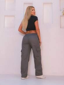 WOMEN'S SKATEBOARD WIDE TWILL CARGO JOGGER PANTS, CASUAL, 5 POCKETS, DRAWSTRING CLOSURE, UNISEX FASHION - 深灰色 - 查看 3