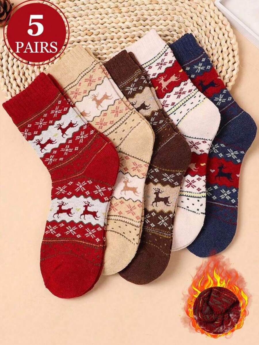 5 双装驯鹿印花厚款温暖舒适圣诞中筒袜，适合秋冬穿着 - 彩色 - 查看 1