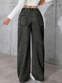 Teen Girl Pocketed Fashionable Versatile Black Wide-Leg Jeans - Black - View 3