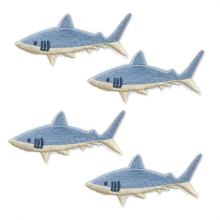4pcs Blue Shark Embroidered Patches - Blue & White Ocean Theme Iron-On/Sew-On Fabric Appliques, High-Quality Heat Transfer/Sewing Decorative Patches For DIY Crafts, Clothing, Hats, Bags, Blankets - Ideal For Couples Outfits, Gifts, Journal Decorations - Fashionable Knitting Accessories, Embroidery Materials, Exquisite Details Embellishment