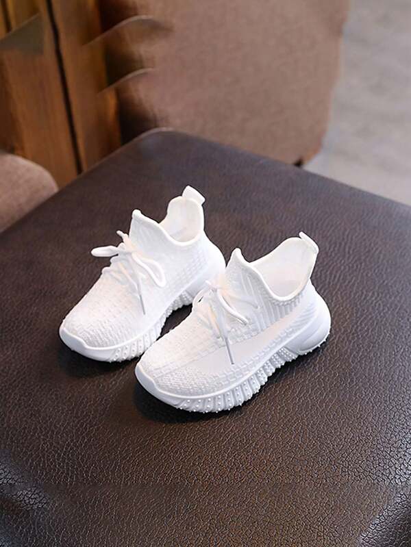 1 Pair Soft Solid Color Versatile Children's White Sneakers, Knitted Mesh Fabric, Lightweight, Breathable, Slip-On Design, Fashionable For Girls And Boys