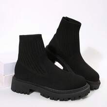 Black Slip-On Fabric Motorcycle Boots, Fashionable & Elegant For Office Wear, Autumn/Winter New Design With Patchwork, Flat Ankle Boots For Women - Black - View 15