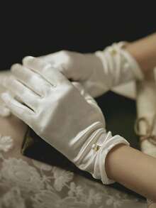 1 Pc Women's Wedding Glove Short Pearl Tulle Gloves Tea Party Evening Dance Party Gloves Dress Accessories Fall Clothes For Women Valentine's Day Accessories - White - View 4