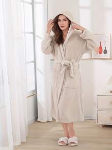 1 بشكل الأناناس/تصميم سادة ذو كابوت للنساء بحزام وجيب، منشفة قابلة للارتداء، منشفة حمام، رداء طويل ذو كابوت، قميص نوم نسائي مطبوع بنمر وفيونكة