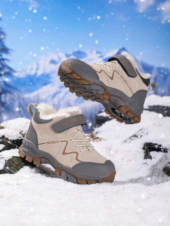 1 Pair Kids' Outdoor Hiking Shoes, Waterproof, Thermal-Lined, Thick, Warm, With Metal Claws, Anti-Slip, Durable, Shock-Absorbing, Suitable For Traveling