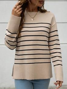 Striped Design Crew Neck Sweater - Khaki - View 3