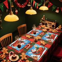 1 set/1 pieza/4 piezas/6 piezas Manteles individuales con estampado de trineo de renos navideños, manteles individuales rectangulares de poliéster lavables a máquina, protectores de mesa, manteles individuales termoaislantes, decoraciones de mesa de restaurante, suministros para fiestas, decoraciones navideñas que pueden regalarse