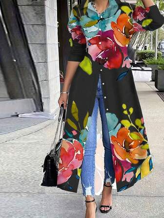 Keke Bloomly 秋季畅销时尚油画印花随机图案休闲/办公室女士长袖开衫，前扣装饰，A 字宽松大码连衣裙，圣诞节