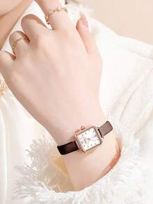 ROMITIME 1 buc ceas impermeabil cu strasuri cadran pătrat curea din piele confortabilă modă business lux sportiv clasic simplu casual stil mecanic automat cuarț ceas potrivit pentru Halloween, Crăciun, Ziua Tatălui, studenți, festivaluri, întâlniri, afaceri, zilnic, cadouri