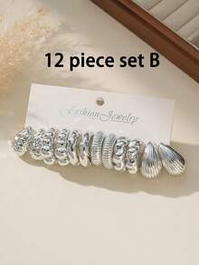 12-36pcs/Set Fashionable Silver Teardrop & C-Shaped Textured Earrings, Classic Styles For Women, Suitable For Year-Round Wear